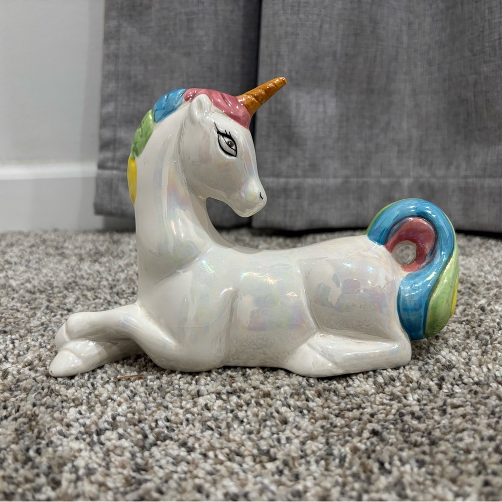 Vintage Ceramic Rainbow Unicorn Figurine, likely a 1980s or 1990s